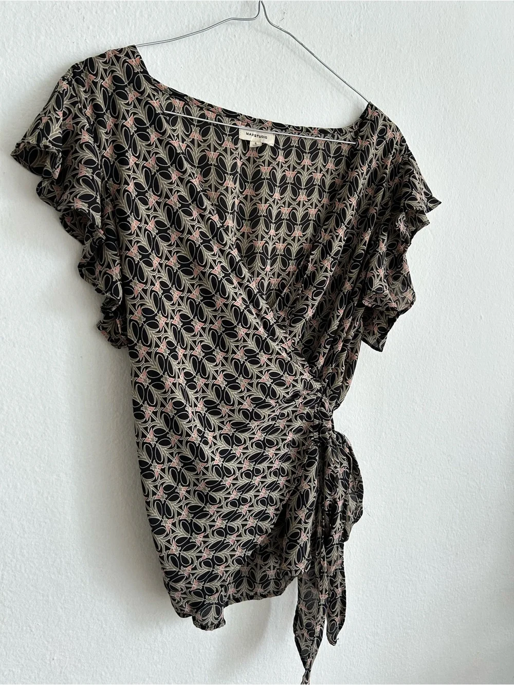 Madewell Black Wrap Blouse with Pink Geometric Motif